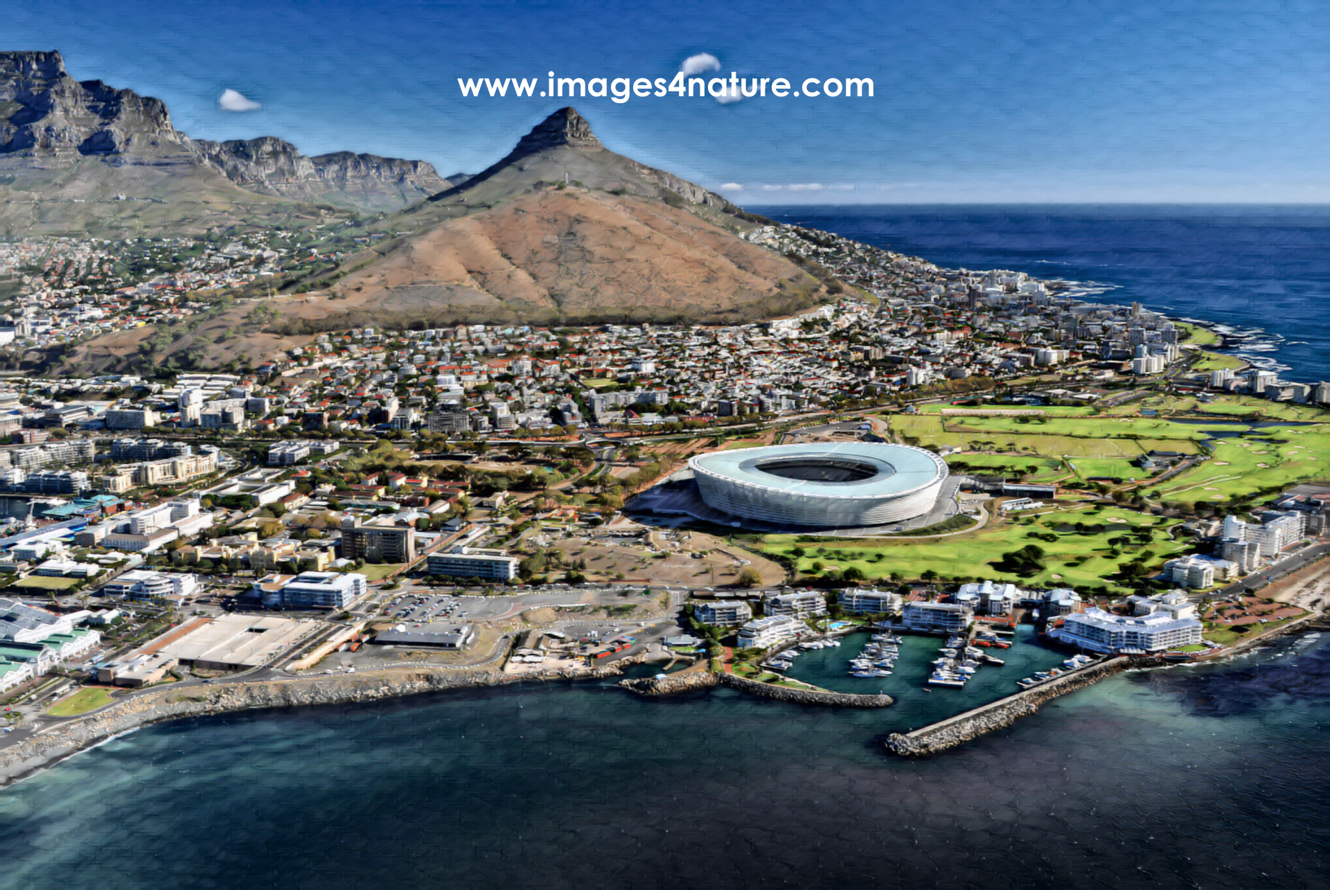 Scenic aerial view of Cape Town Stadium with Signal Hill
