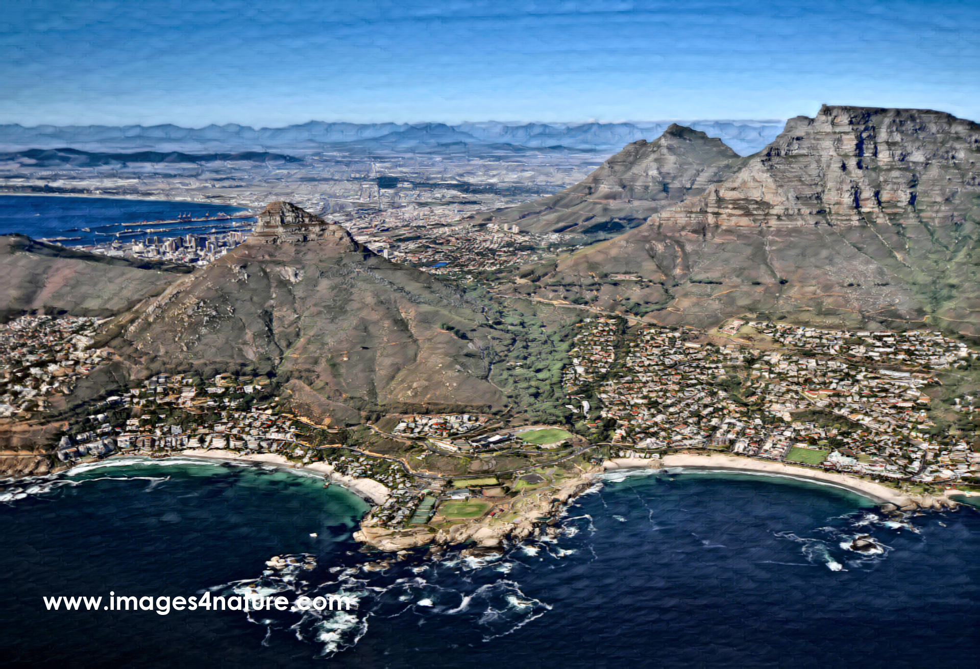 Scenic aerial view of Cape Town mountains, bays and city