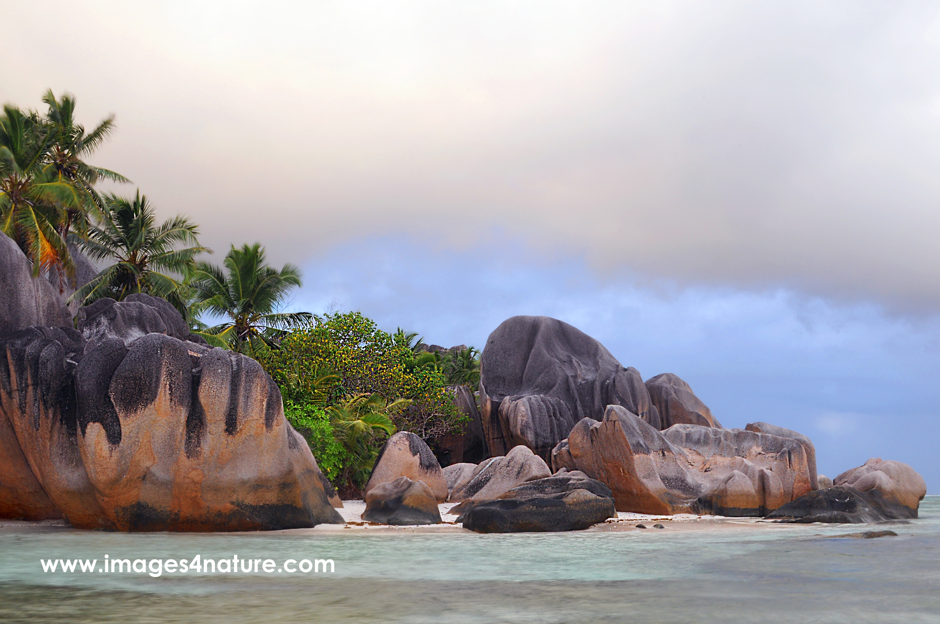 Pink granite rock formations and palm trees on Seychelles La Digue