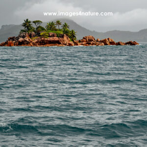 Small island with red rocks and palm trees in the Indian Ocean