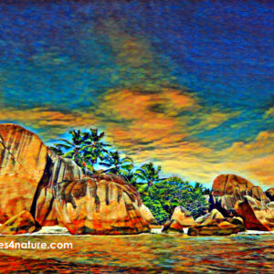 A colorful photography-based digital painting of La Digue beach