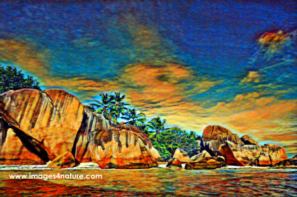 A colorful photography-based digital painting of La Digue beach