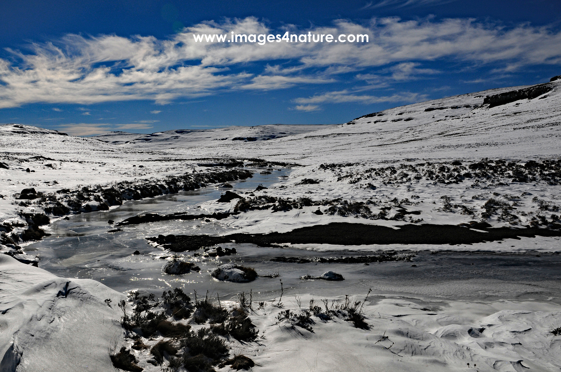 Stream flowing in curves through snow and ice covered winter landscape in Lesotho