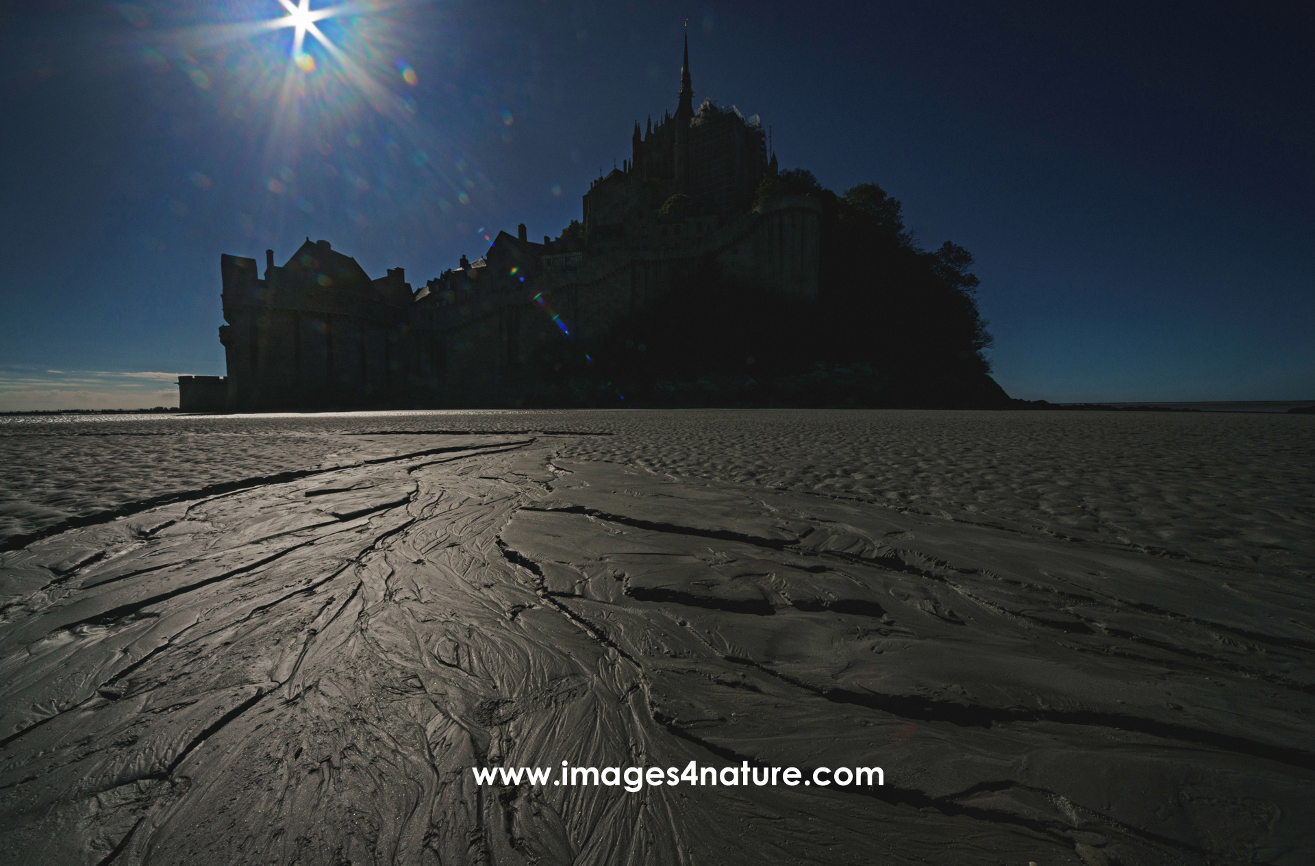 During ebb tide, one can basically walk around the Mont Saint Michel, and admire its' beauty and architecture from all directions  To do something different, I took this image directly into the afternoon sun   France, Mont Saint Michel, October 2022   Image ID 202210 FR 27