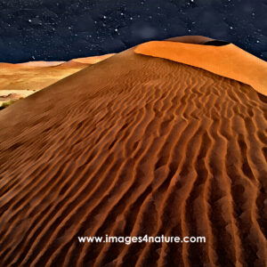 Large red sand dune with wind-created ripples against starry sky