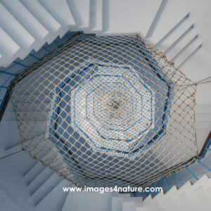 Looking down a hexagonal blue white staircase with safety net