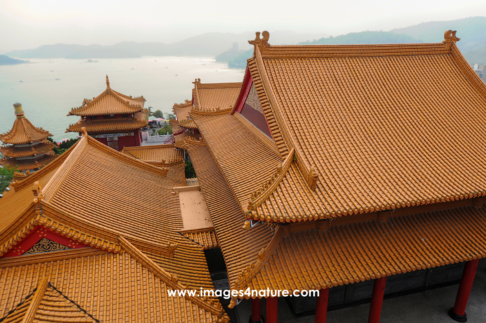 Scenic view over Wenwu Temple orange roofs on Sun Moon Lake