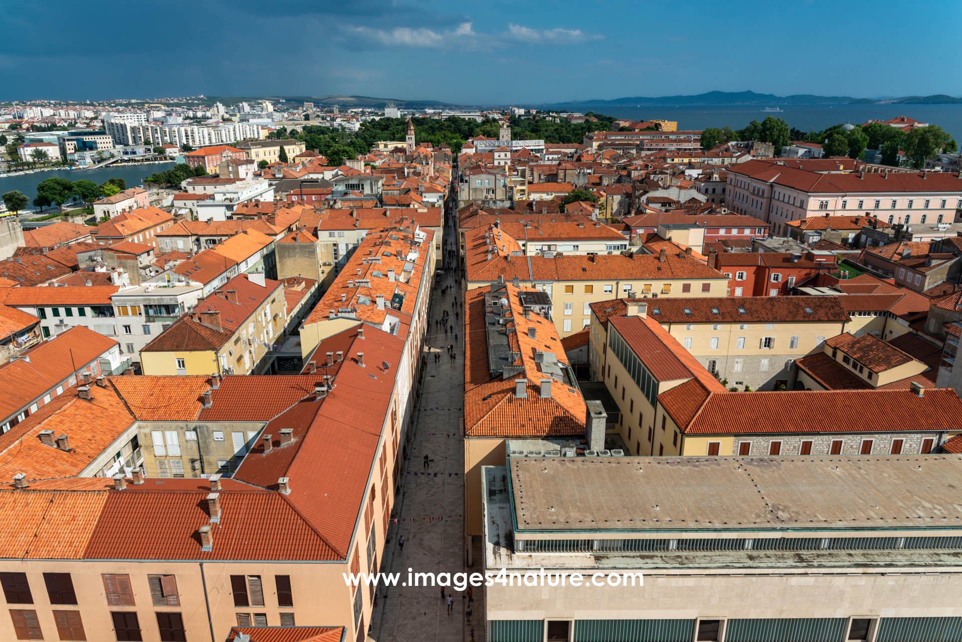 Southeast view of Zadar old city and sea from cathedral tower