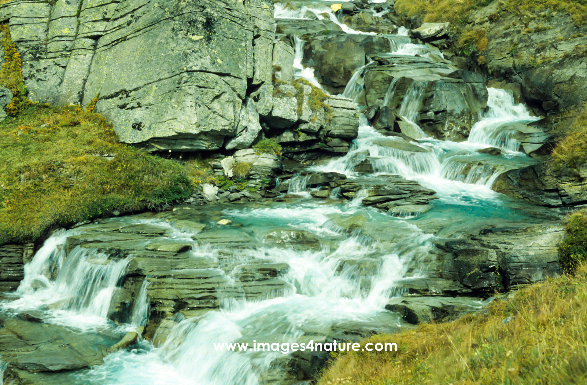 Wild mountain stream flowing down a valley full of rocks