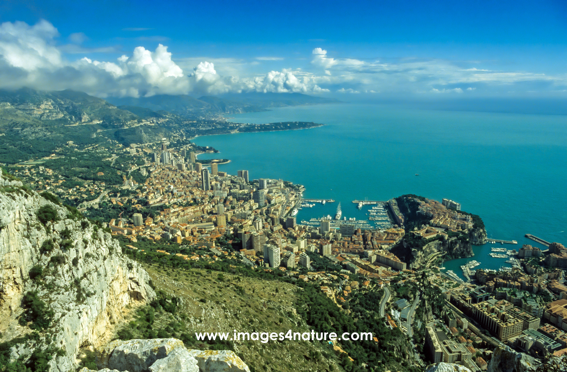 View over the city of Monaco and coastline from above