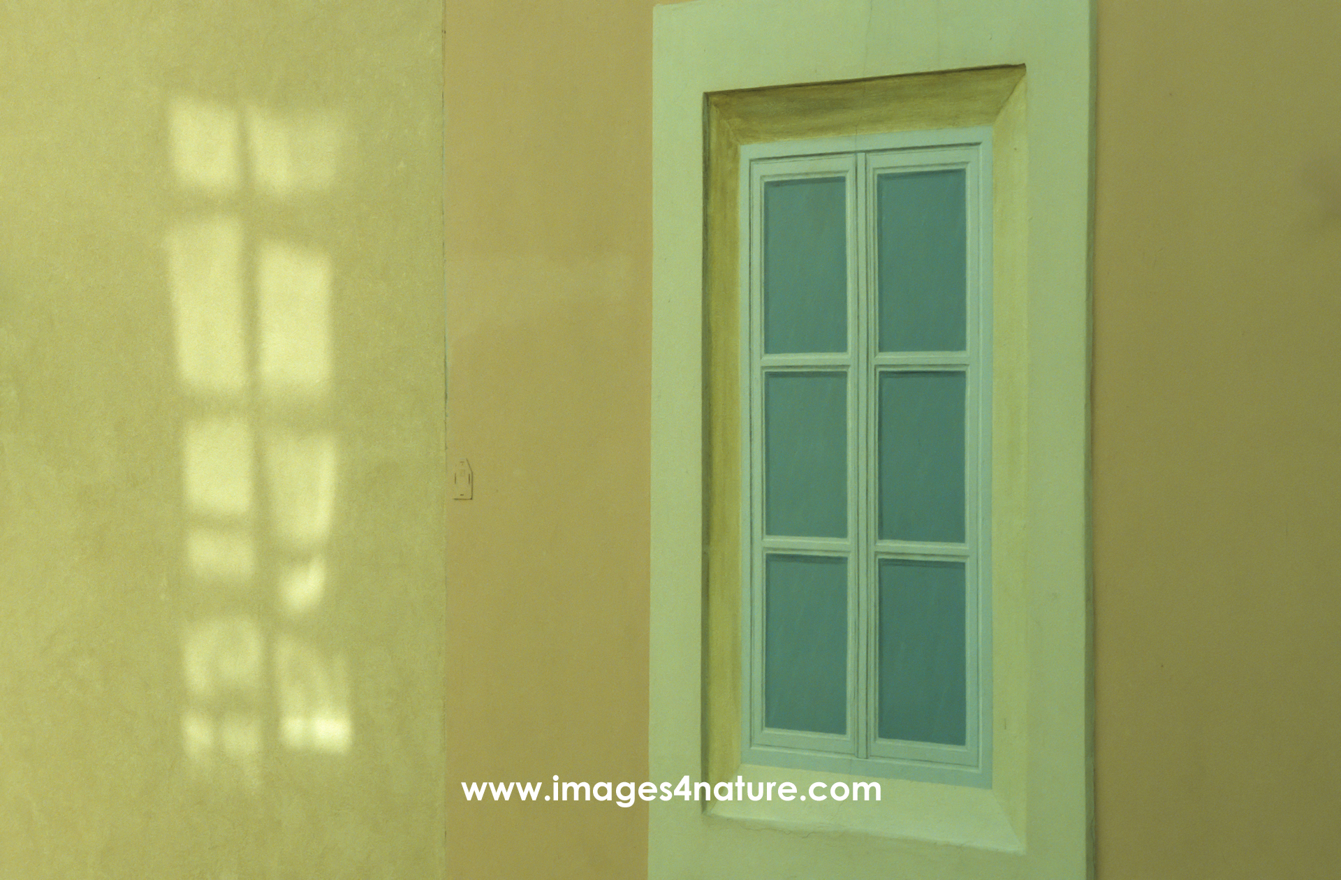 Yellow house wall with painted window and reflection
