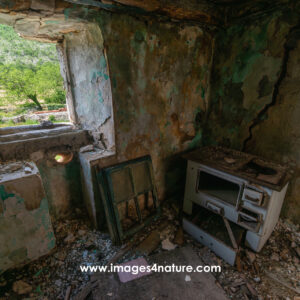 Remains of former kitchen in an abandoned rural house