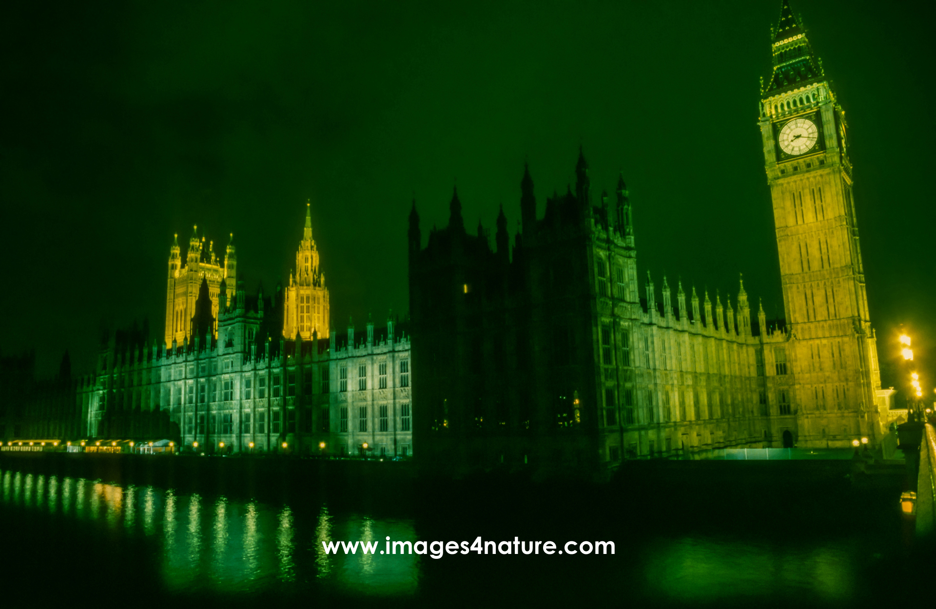 Night view of Houses of Parliament, Big Ben and River Thames