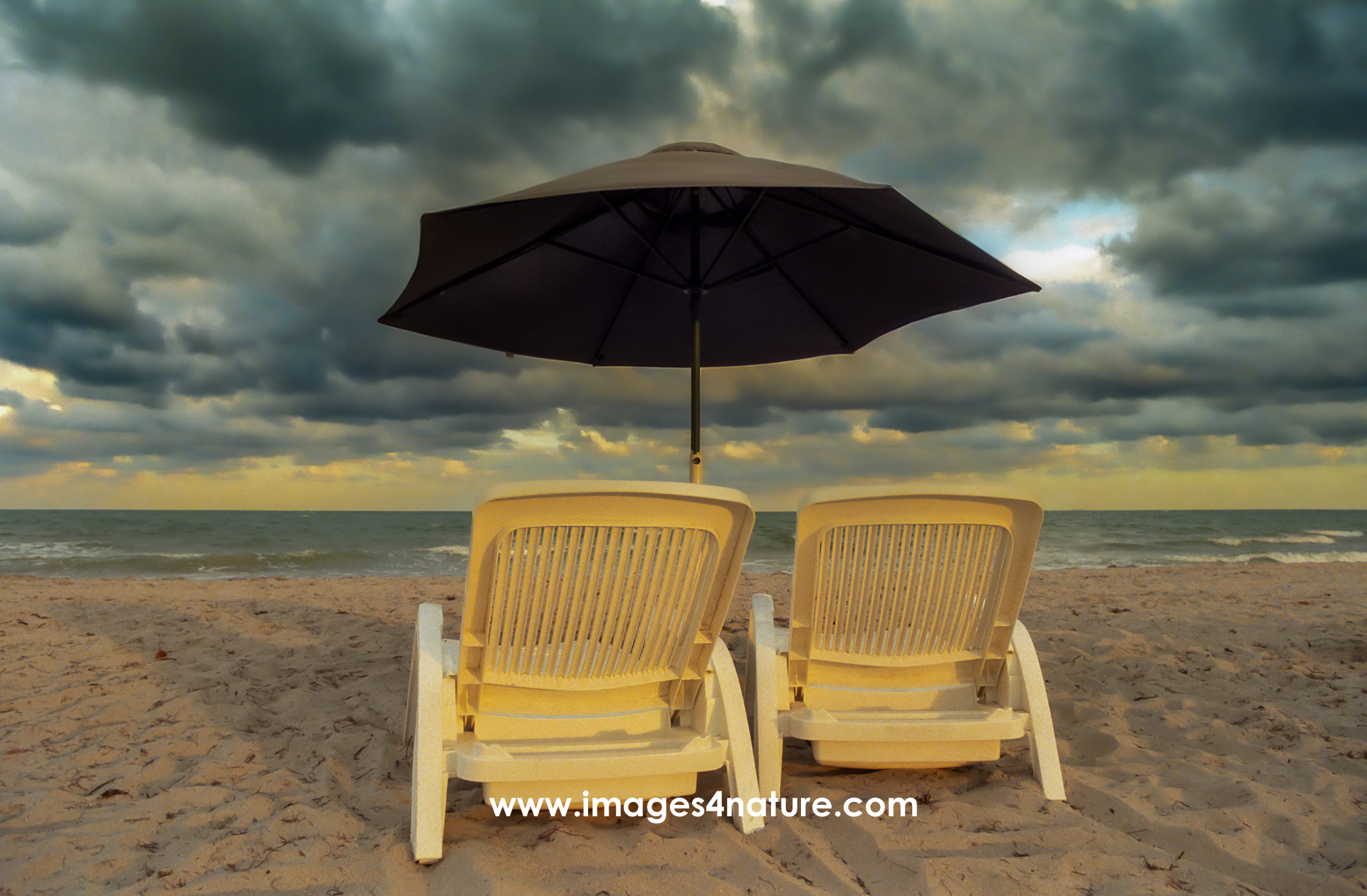 Sandy beach with two white lounge chairs and a blue sunshade