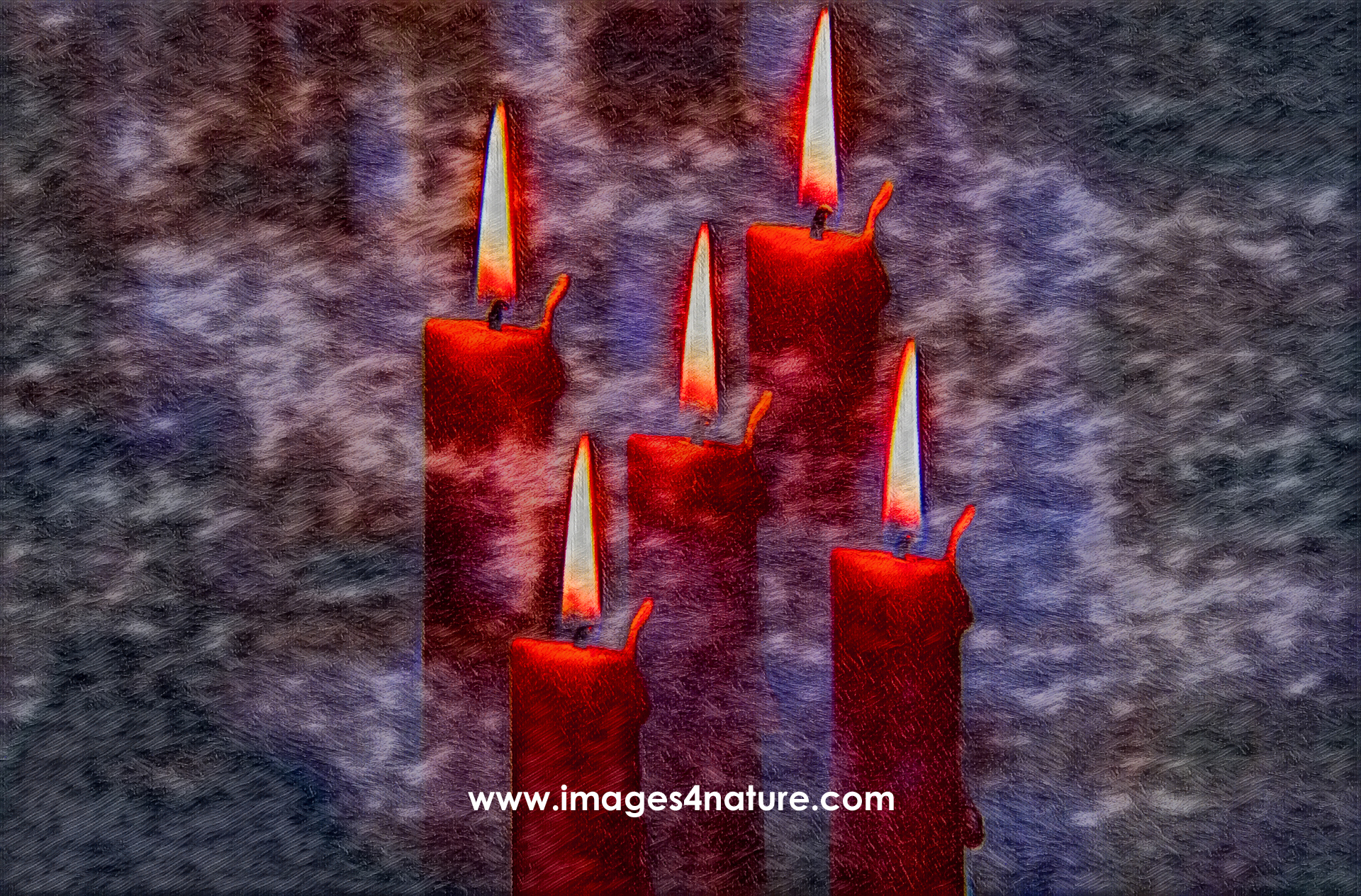 A painting-style photo of five red burning candles