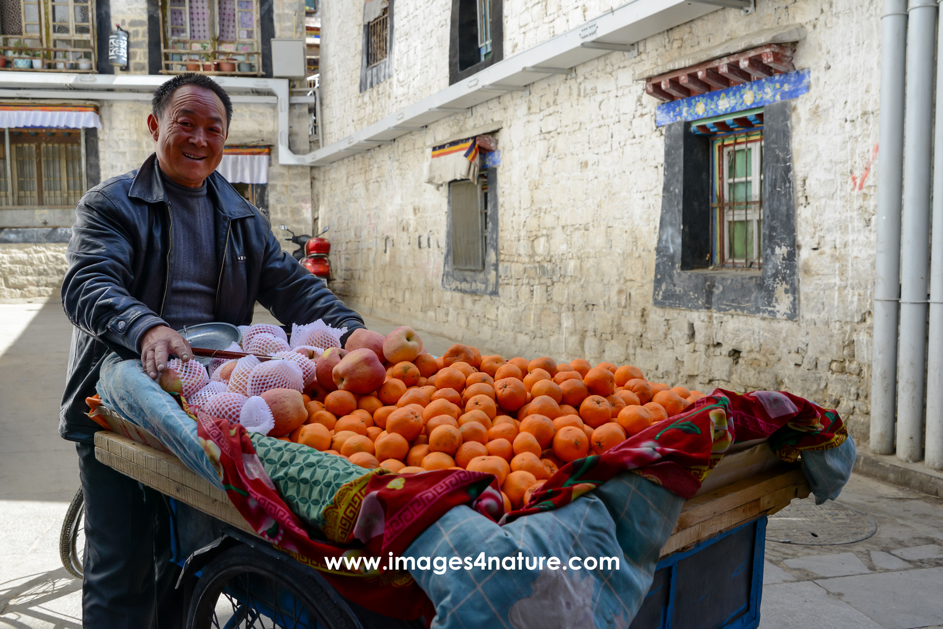 Portrait of a friendly smiling fruit vendor with his cart filled with citrus fruit and apples