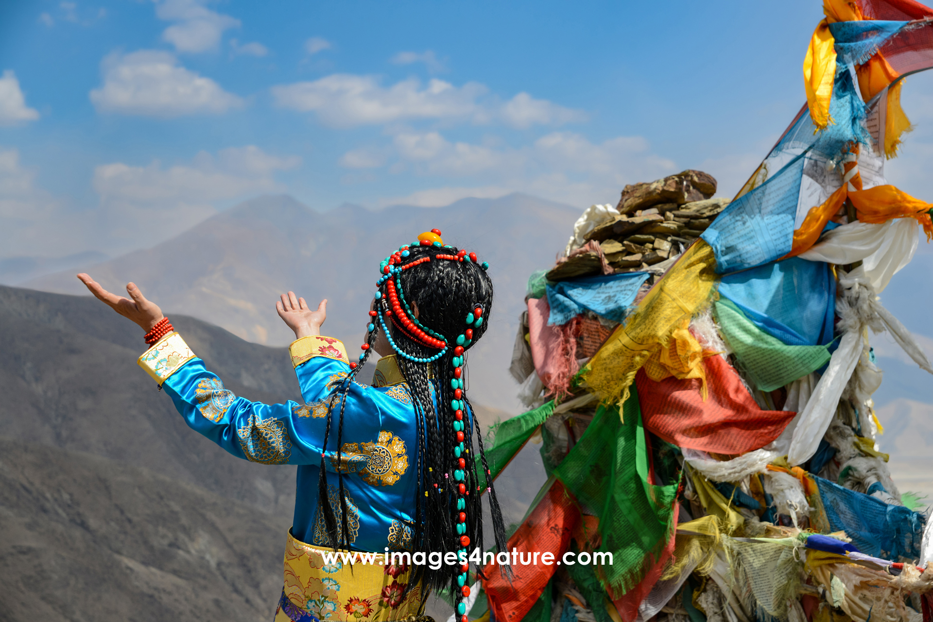 Rear side view of a Tibetan woman performing a prayer against mountain landscape with colorful flags
