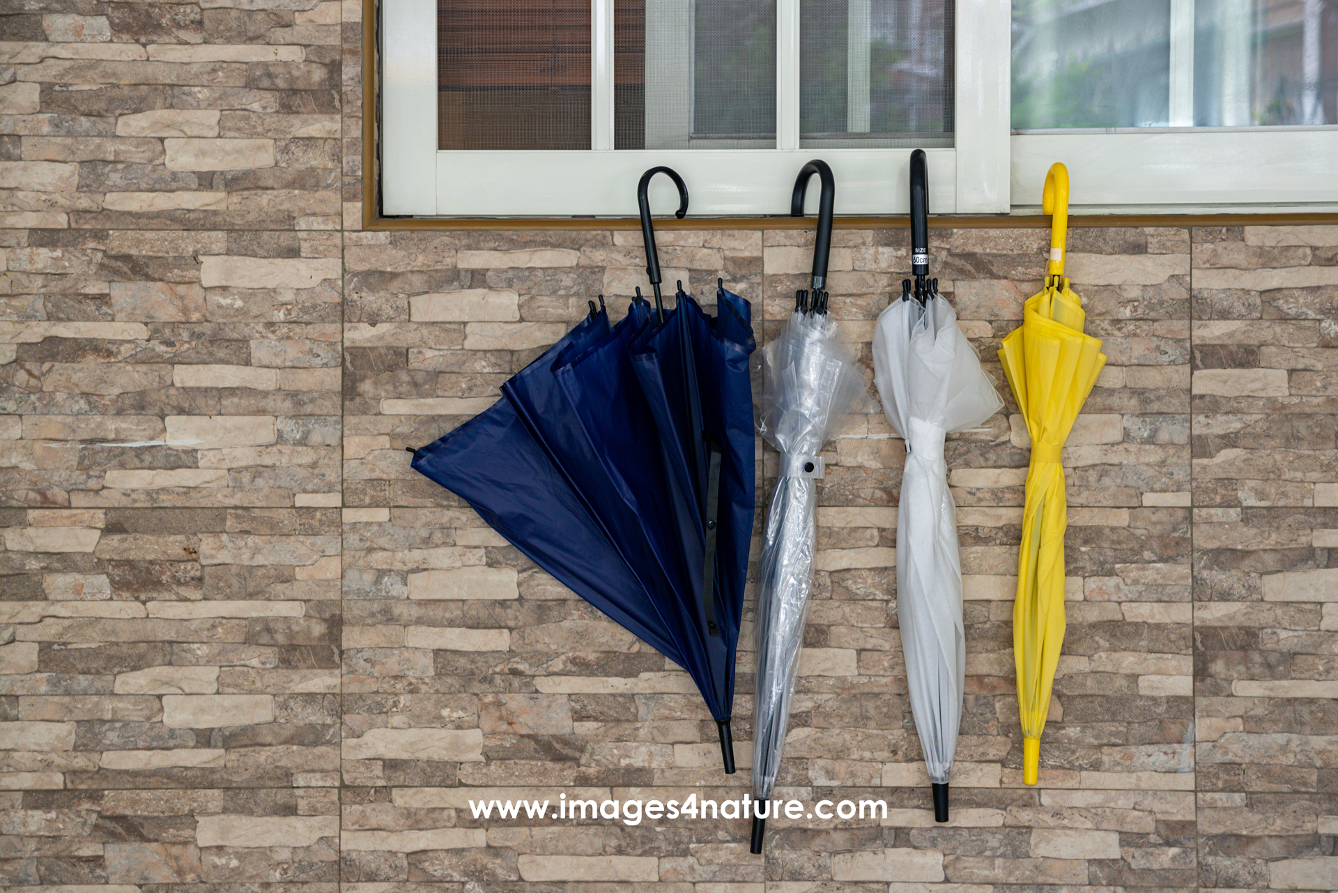 Four umbrellas hanging from the frame of a white window integrated into a beige brick wall