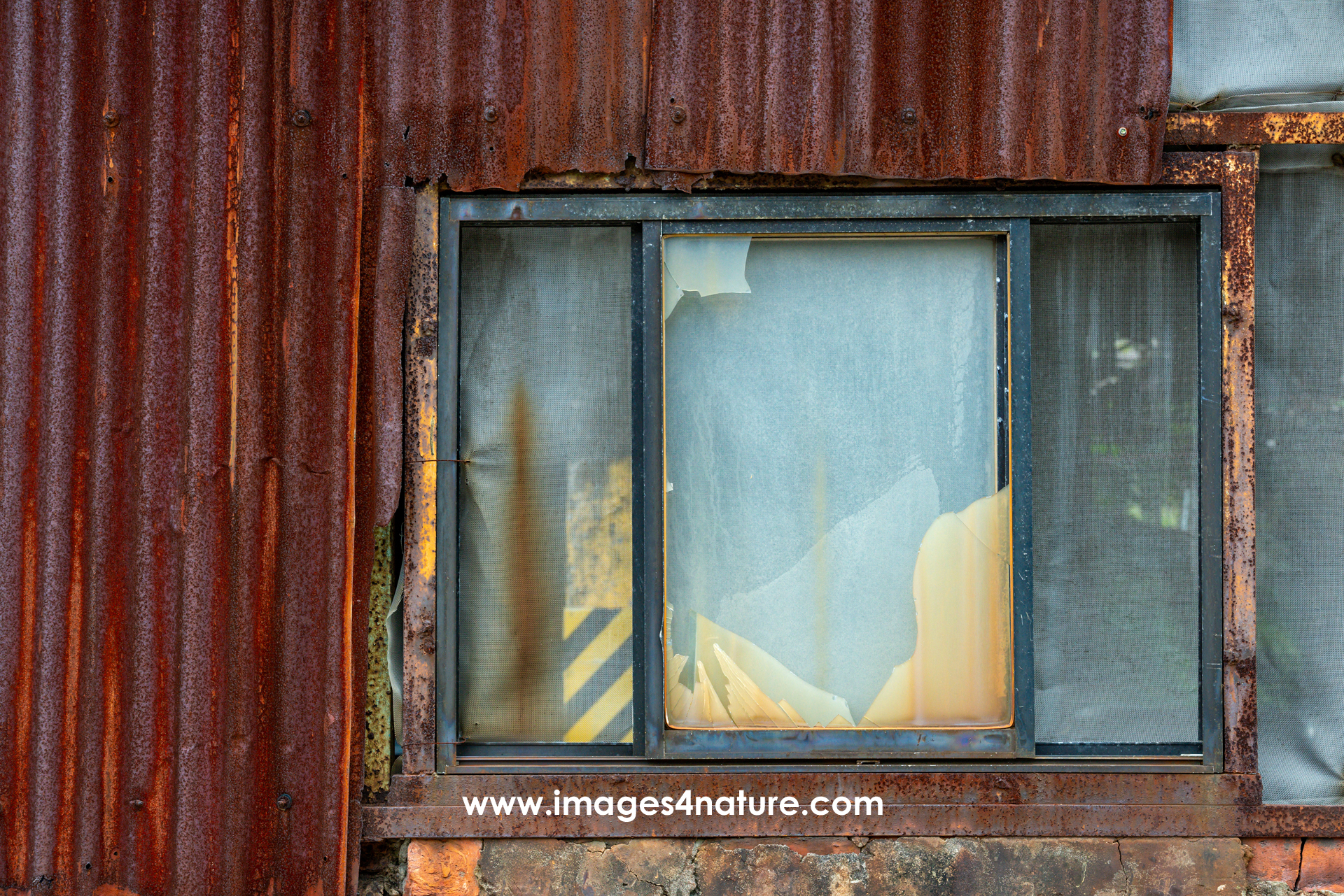 Close-up on a mostly covered window framed by rusty corrugated iron panels