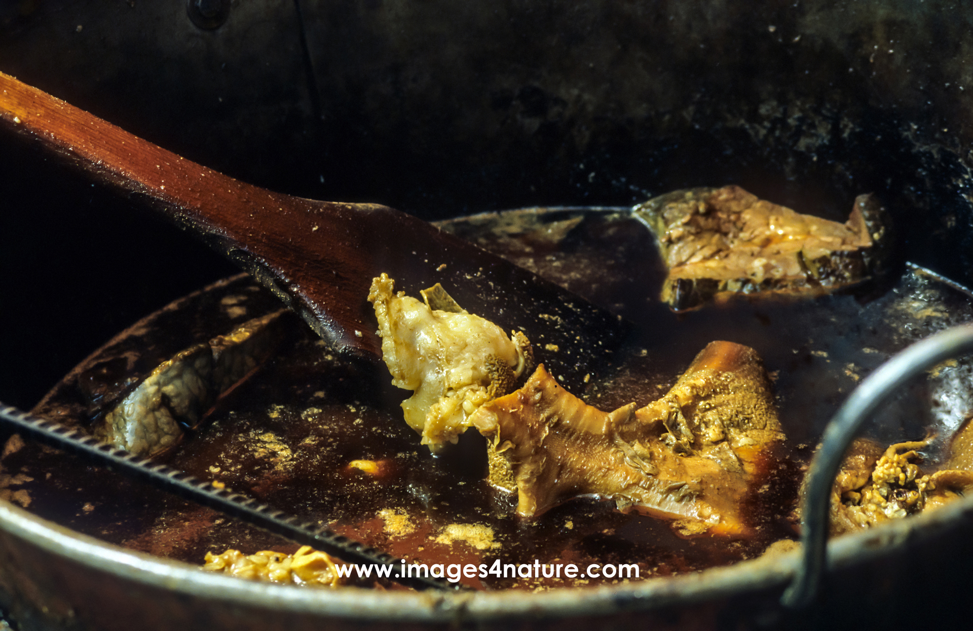 Close up on wooden spoon in a metal pan filled with pork meat fried in oil