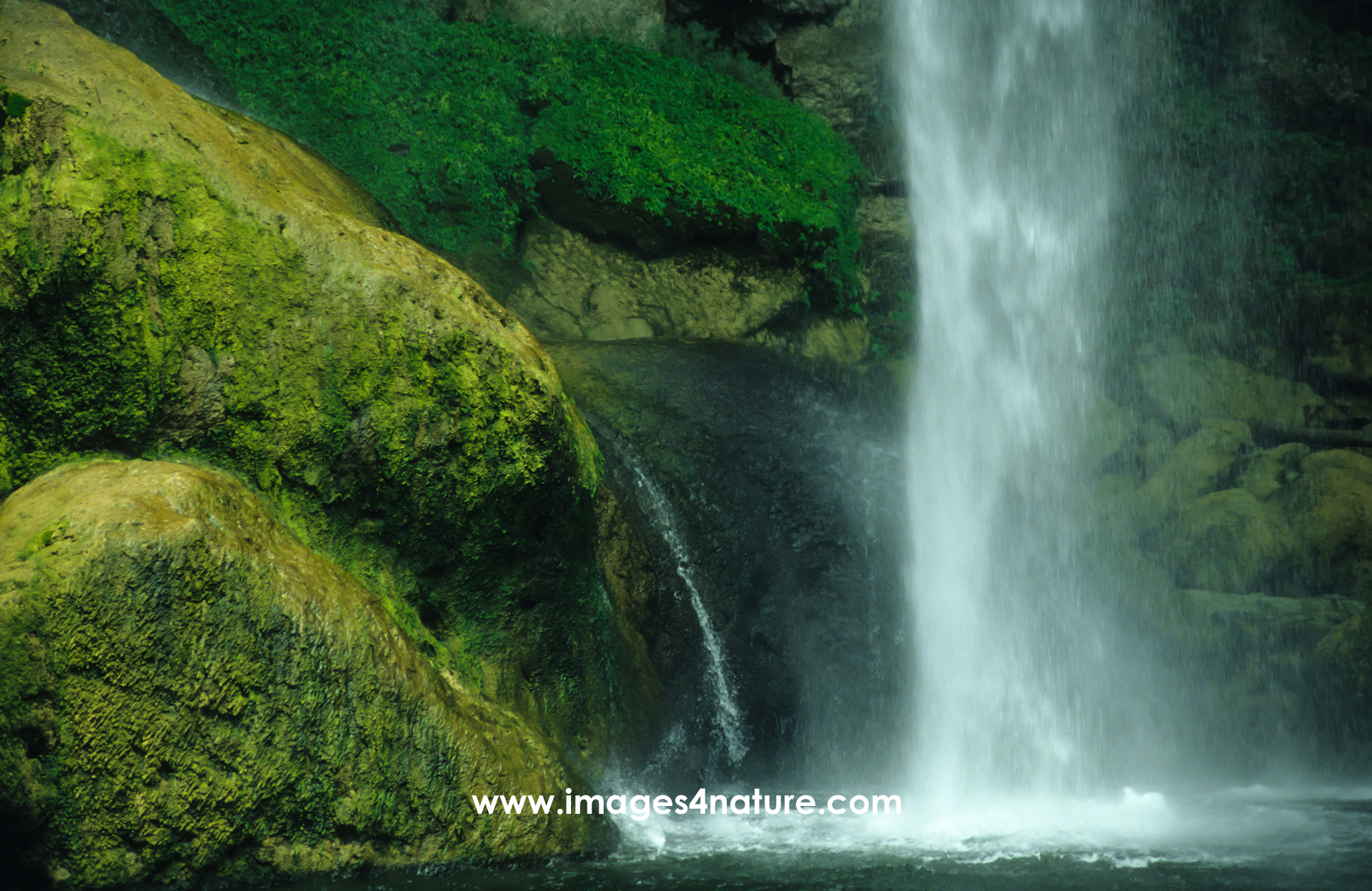 Close-up on the bottom of a waterfall next to large stone boulders