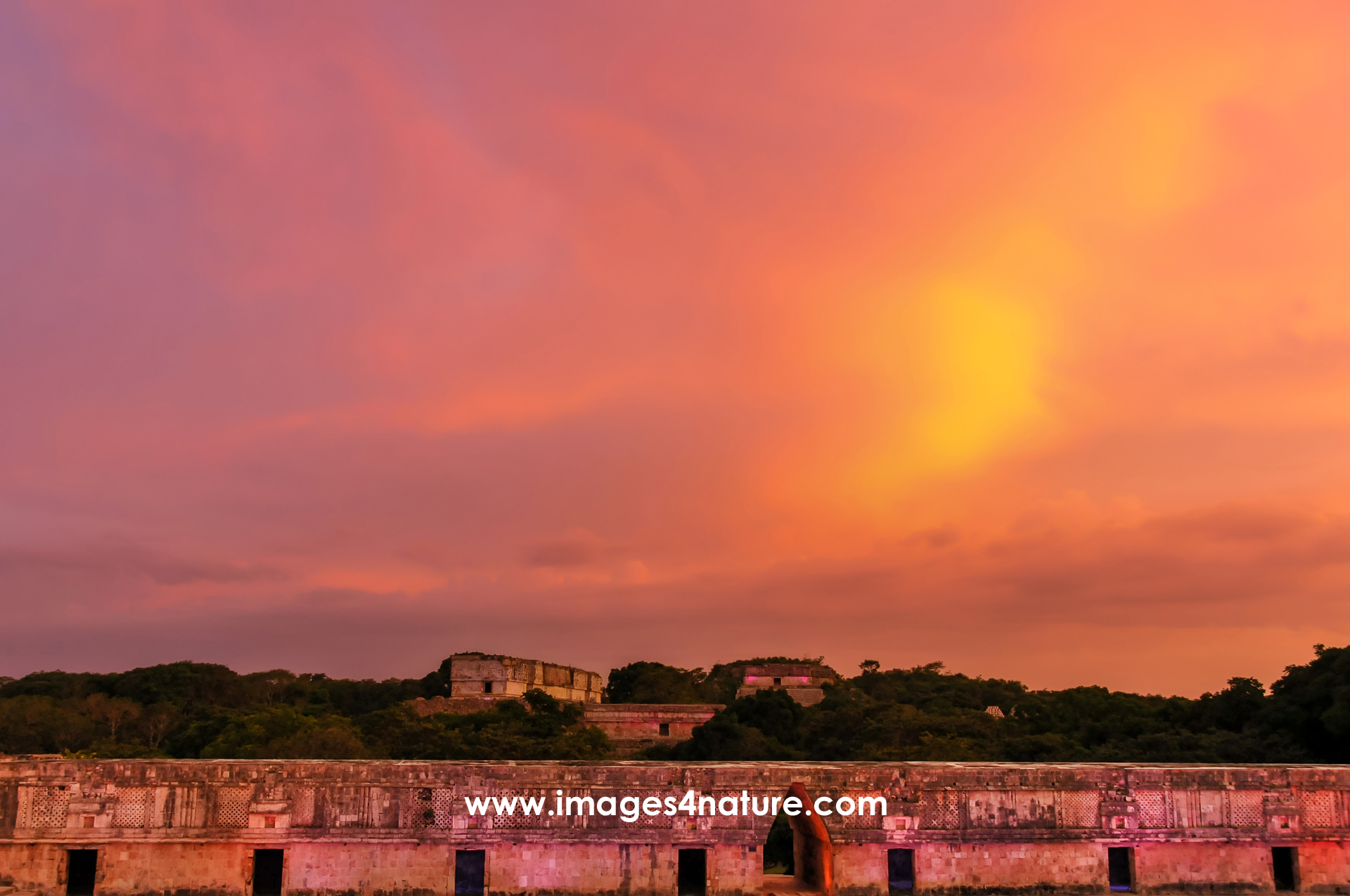 Spectacular sunset over the ancient ruins of Uxmal