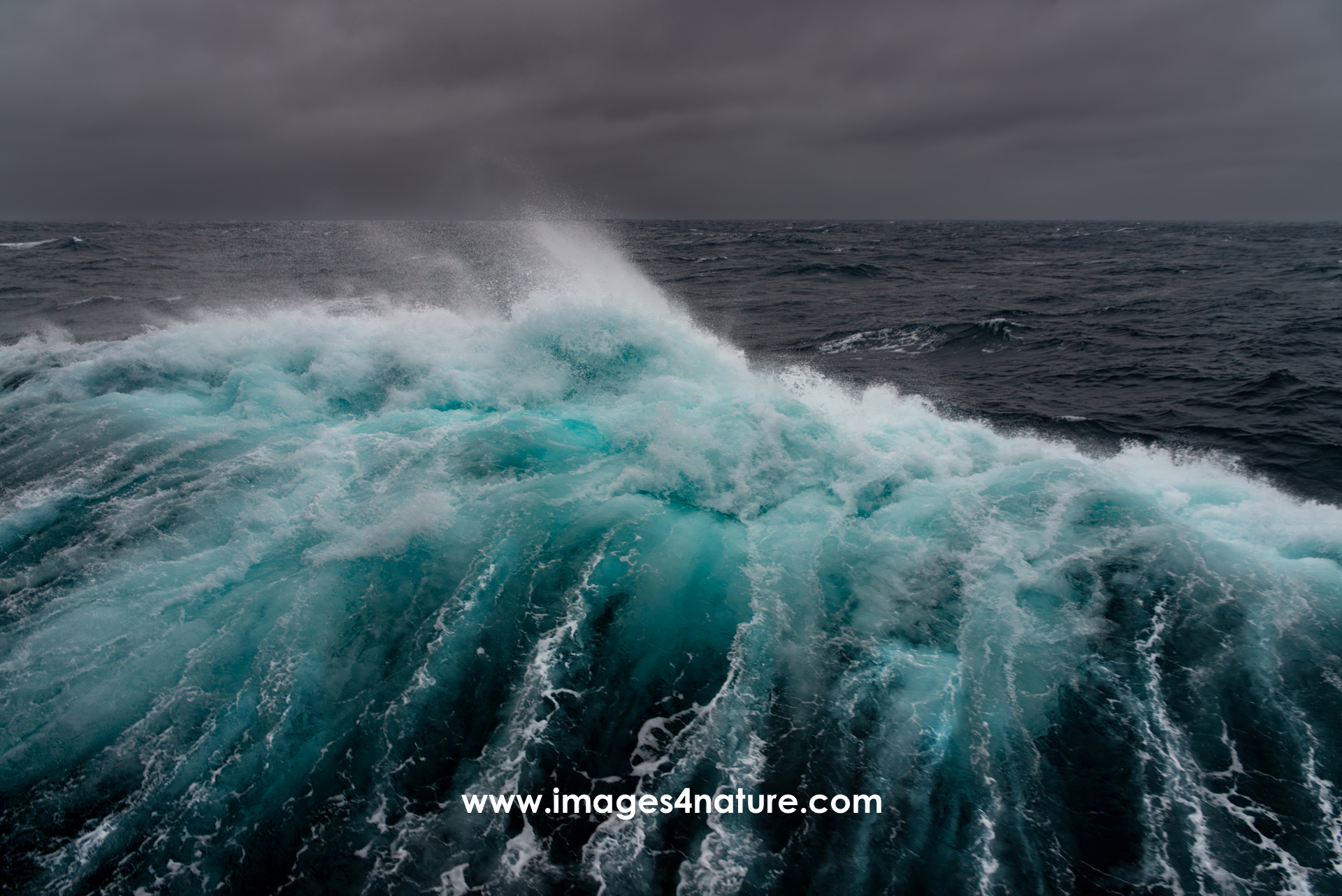 Close-up on a large turquoise wave with water spraying from its top against a dark ocean and sky